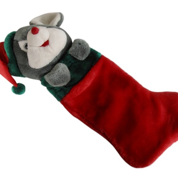 3D Plush Christmas Mouse Stocking Vintage 1980s 90s Red Green Gray 21" - Picture 2 of 4